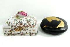 Antique Japanese Hakata Urasaki Clay Dolls - and - Vintage Chokin "Okinawa" (Japan) Souvenir - and - Oriental Chinoiserie Trinket Boxes and More