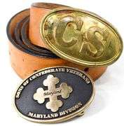 Phillip Beall Annapolis, Md Leather Belt with Maryland Division Sons of Confederate Veterans Buckle and Brass CS Belt Buckle