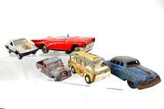 Vintage Toys:  Hubley Metal Toy Ford Tractor - and - Hornby Wind-Up Speed Boat with Distressed Box - and - Structo Fireball Motor - and - 1940s Banner Pressed Steel Toy Tow Truck Banner Wrecking Service #1141 Found as Rare - and - 1960s Lemezaru Gyar Holdauto Atomic Race Car Rocket Tin Litho Toy Made in Hungary - and - More