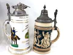 Vintage Barware:  Pewter / Metal Steins and Shots, Glass Beer Bottle with Handle Accessory, and More