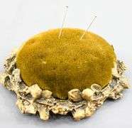 Gilded cast metal vintage pin cushion and lined Trinket Box.