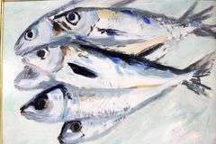Acrylic on Canvas.  Fish.  Signed.  14x18.