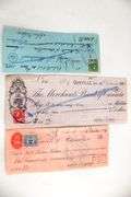 Antique Canadian Bank checks and inter bank transfer slips with Postage and excise stamps , Circa 1914 - 1924 , 100's of items