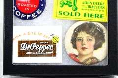 Vintage Advertising Pocket Mirrors in Shadow Box Display - "John Deere" and "Dr. Pepper" and "White House Coffee" and More