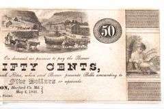 1841 United States Bank Notes. 50 Cents and 5 Cents. Darlington, Maryland.