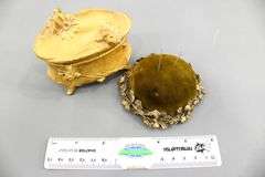 Gilded cast metal vintage pin cushion and lined Trinket Box.