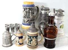 Vintage Barware:  Pewter / Metal Steins and Shots, Glass Beer Bottle with Handle Accessory, and More