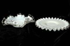 Fenton Glass - Silver Crest Ruffled Edge Milk Glass Art Glass Basket, Vases, and More