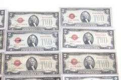 1928 Red Seal $2 United States Notes. Mixed Series.  Marked 'Low Grade Circulated'. 20 items