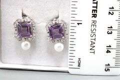 Amethyst (tested), Genuine Pearl, and Sterling Silver Earrings.