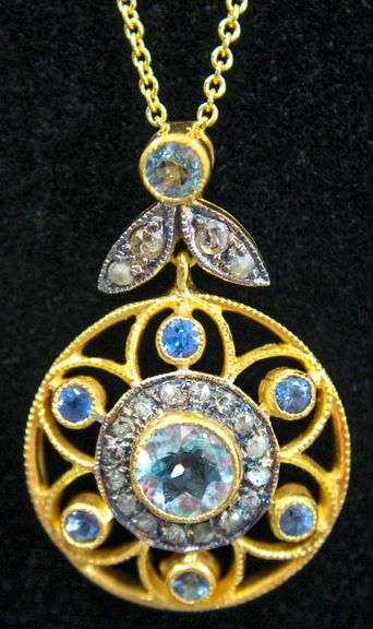 Diamond, Sapphire, Aquamarine (all tested), and Gilt Sterling Silver Pendant with 14KT Gold Bale, (marked 585) on a Gilt Sterling Silver Necklace..