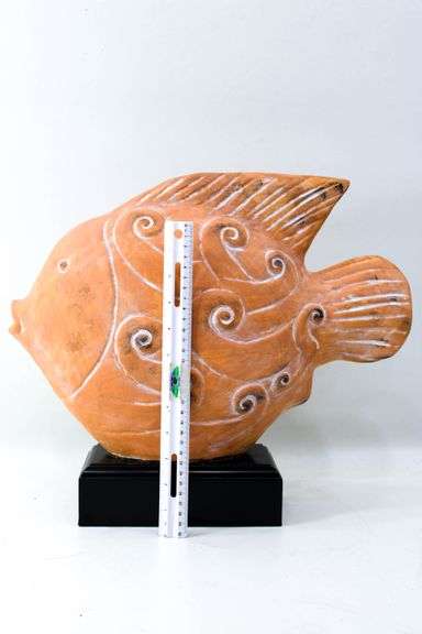 Terracotta Pottery Fish Sculpture on Black Plinth 14 x 17