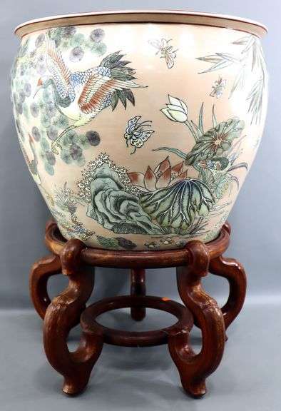 Chinese Porcelain Chinoiserie Koi Jardinière with Stand - 25 x 17