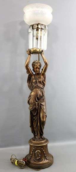 Antique Art Nouveau Bronze Statuary Torchiere Lamp with Glass Crystal Shade - Former Ritz Carlton Lighting Accessory - 40" - Consignor contributed to description.
