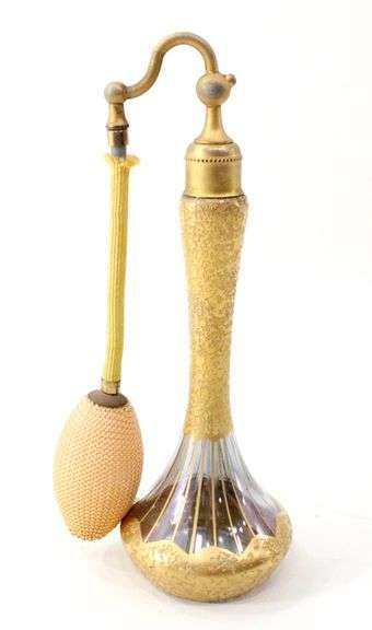Antique 1920s Frederick Carder Design Steuben Glass & Gold "DeVilbiss" Aurene Perfume Atomizer Bottle - 8"
