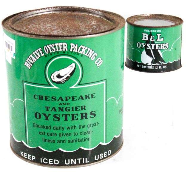 Vintage B&L Oysters Tins:  Bivalve Oyster Packing Co. Chesapeake and Tangier Oysters 1-Gallon and 12-Oz Tins