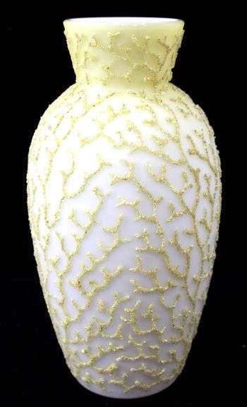 Antique Mt. Washington Branch Design Coralene Blown Yellow Uranium Art Glass Vase, Produced in England Circa 1880s
