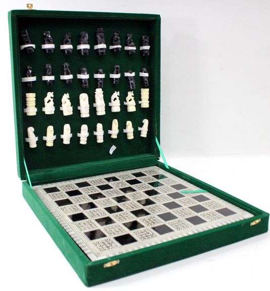 Vintage Y.H Egyptian Chess Set with Mother of Pearl Inlaid Wooden Board and Velvet Case