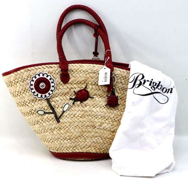 Brighton straw tote with red leather trim and ladybug applique details ...