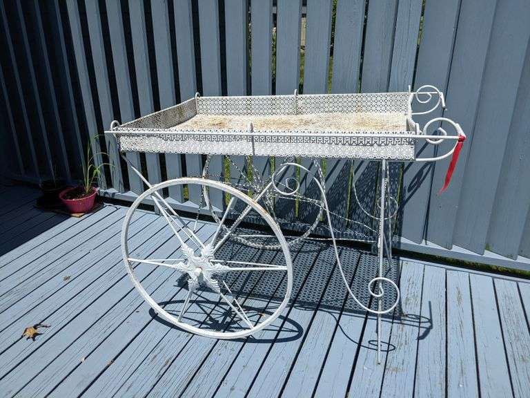 White Metal Garden Cart Plant Stand