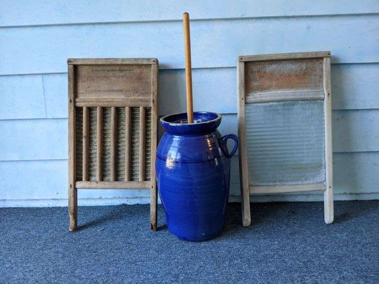 2 Wash Boards and Blue Butter Churn Crock