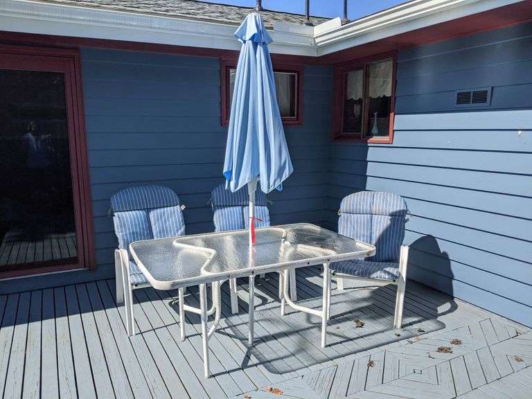 Patio Table, Umbrella, 3 Chairs with Cushions