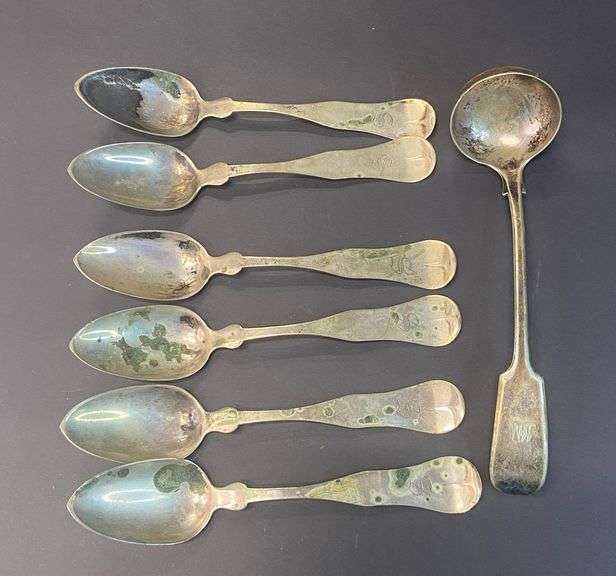 6 19th C Spoons by L Huntoon Jr plus Hallmarked Ladle