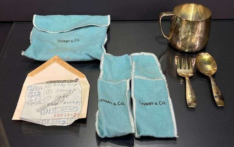 Tiffany & Co. Sterling Silver Baby Cup, Spoon, Fork. w/ Original Receipt, weighing 156.5 grams