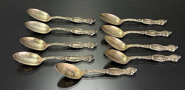 9 Sterling Silver Spoons weighing 235.9 g. Service for 8 plus 1 additional engraved with portrait