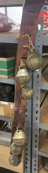 Large Antique Sleigh Bells on 33" Leather Strap