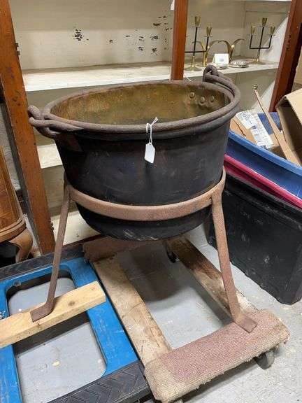 Brass Cauldron Kettle on Forged Iron Stand, 28" Tall, 22" Diameter