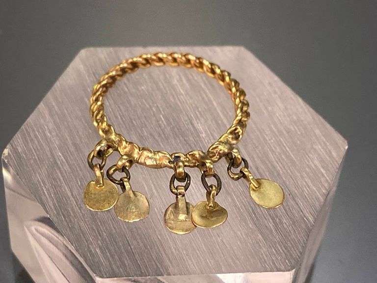 Small Unmarked Gold Ring with Dangles, size 5.Tested to 14k, weighing 1.82 grams