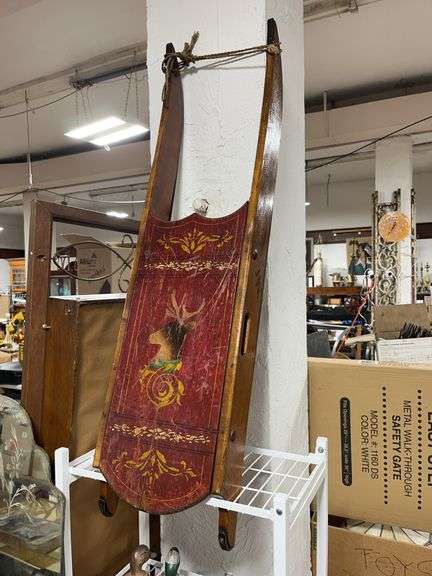 40" Antique Child's Sled with Hand Painted Reindeer