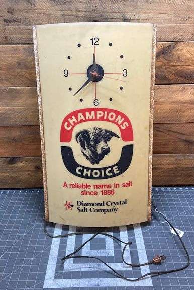 Champion's Choice Salt Advertising Clock, 26" tall (lights up and runs)