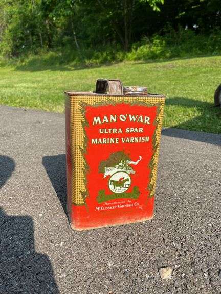 Tin Litho Advertising Can. Man O War Varnish (half filled with product)