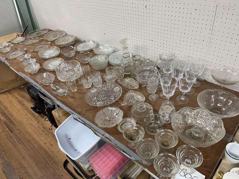 Contents on Table. Lot of Clear Glass (bring boxes)