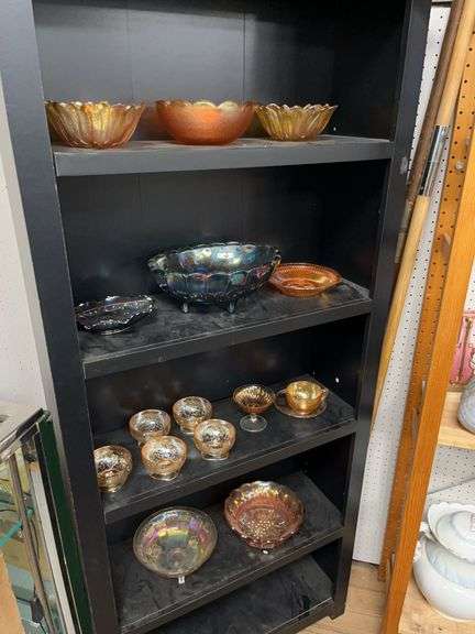 Contents of Shelf: Fenton Carnival and other Glass