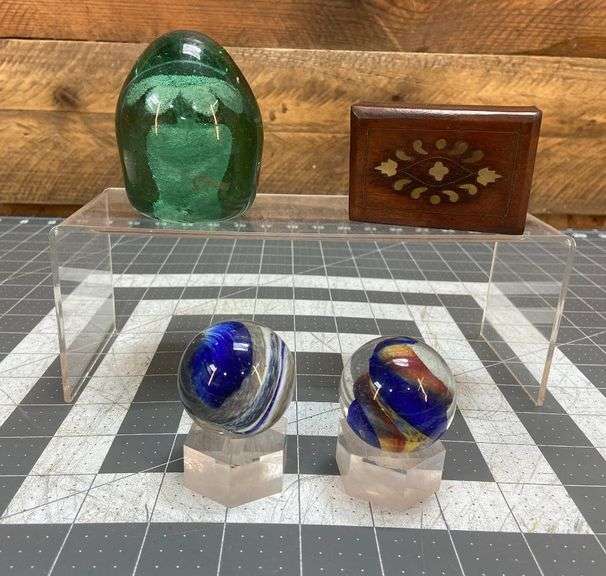 2 Glass Marbles, Art Glass Paperweight and Trinket Box