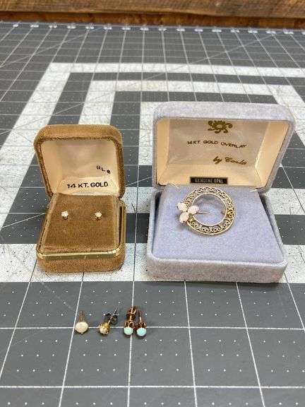 Earrings in Box (backer marked 14k), Overlay Pin with Opals, 1 Pair Earrings, 2 Mismatched Earrings