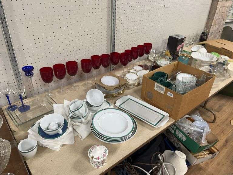 Contents on Table: Mixed Dishes and Glassware (bring boxes)
