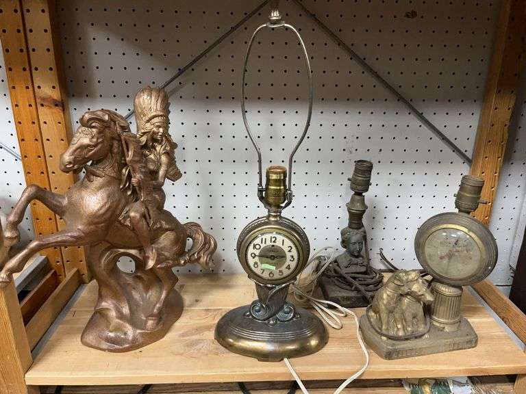 Ceramic Native American Horseback Rider, Lamp, Clocks