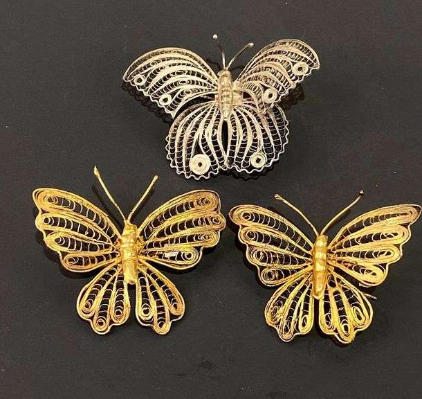 3 Butterfly Brooches Marked Mexico