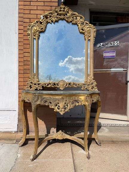 19th Century Marble Top Demilune Hall Table With Ornate Carving and Gold Gilt