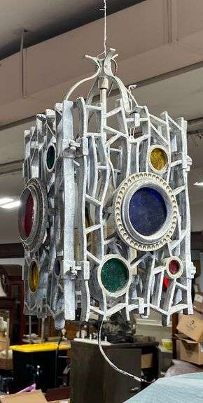 Mid Century / Brutalist Vintage Chandelier with Stained Glass