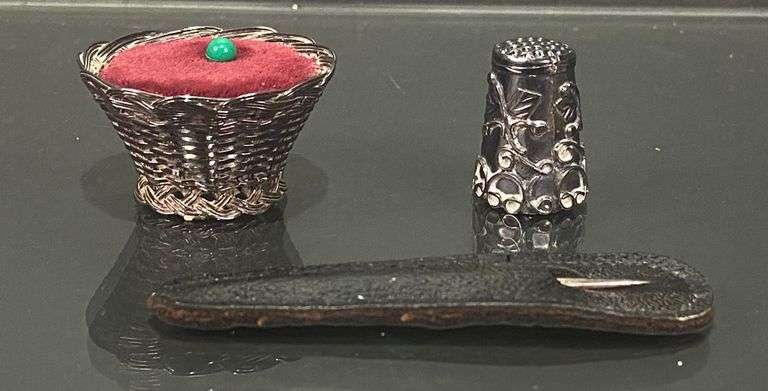 Sterling Thimble & Sewing Needle. Pin Cushion Possibly Marked .925 on Bottom