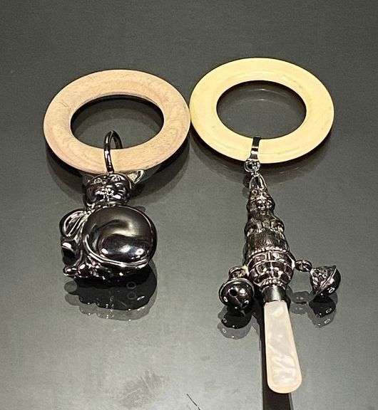 2 Baby Rattles w/ Bells Has English Silver Hallmarks (I do not see any marks on the cat)
