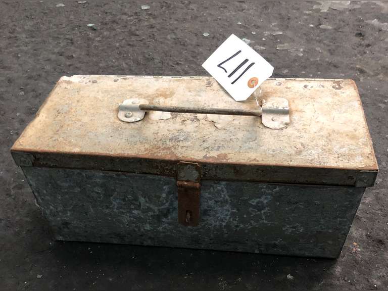ANTIQUE GALVANIZED TOOL BOX AND CONTENTS