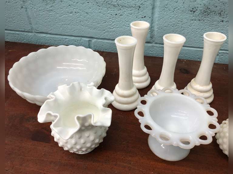 ASSORTED WHITE MILK GLASS
