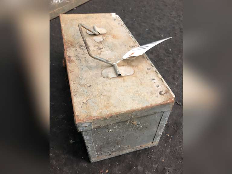 ANTIQUE GALVANIZED TOOL BOX AND CONTENTS