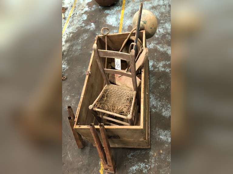 GAS STATION LIGHT, WOODEN BOX, WOODEN CHAIR, AND MISC. EQUIPMENT